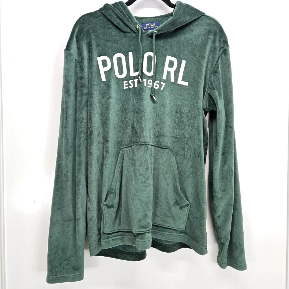 Polo Ralph Lauren Men's Medium Velour Loungewear Long Sleeve Hoodie Green Flawed